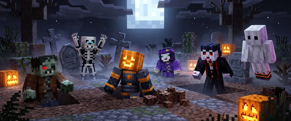 Six Minecraft-style skins climbing out of graves in a blocky graveyard at night under a full moon: a zombie, a skeleton, a figure with a glowing jack-o’-lantern head, a purple-hooded witch, a vampire and a sheet ghost, among gravestones, crosses, dead trees, fog and lit jack-o’-lanterns.